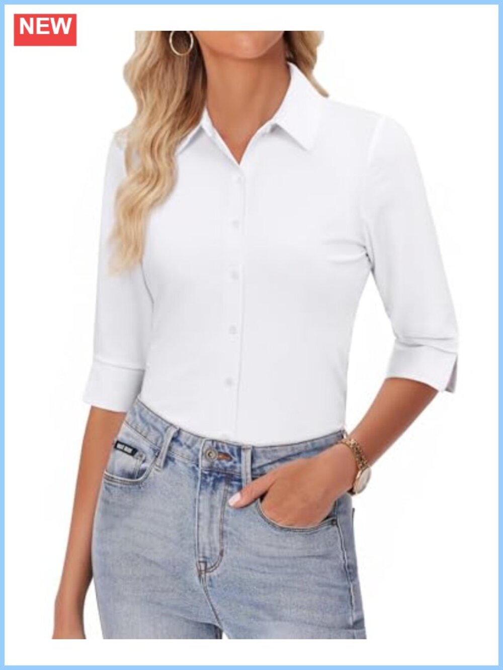 3/4 Sleeve Stretch Fit Women's Dress Shirt Wrinkle Free Solid